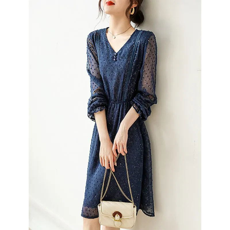 Lace Cinched Waist Shiny Jacquard V-Neck Dress