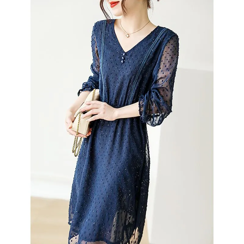 Lace Cinched Waist Shiny Jacquard V-Neck Dress