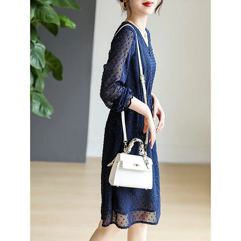 Lace Cinched Waist Shiny Jacquard V-Neck Dress