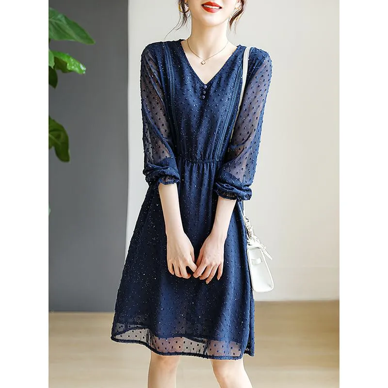 Lace Cinched Waist Shiny Jacquard V-Neck Dress