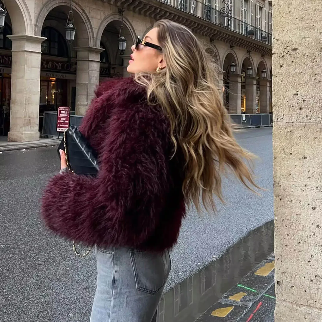 Luxury Lapel Collar Long Sleeve Oversized Cropped Plush Faux Fur Jacket