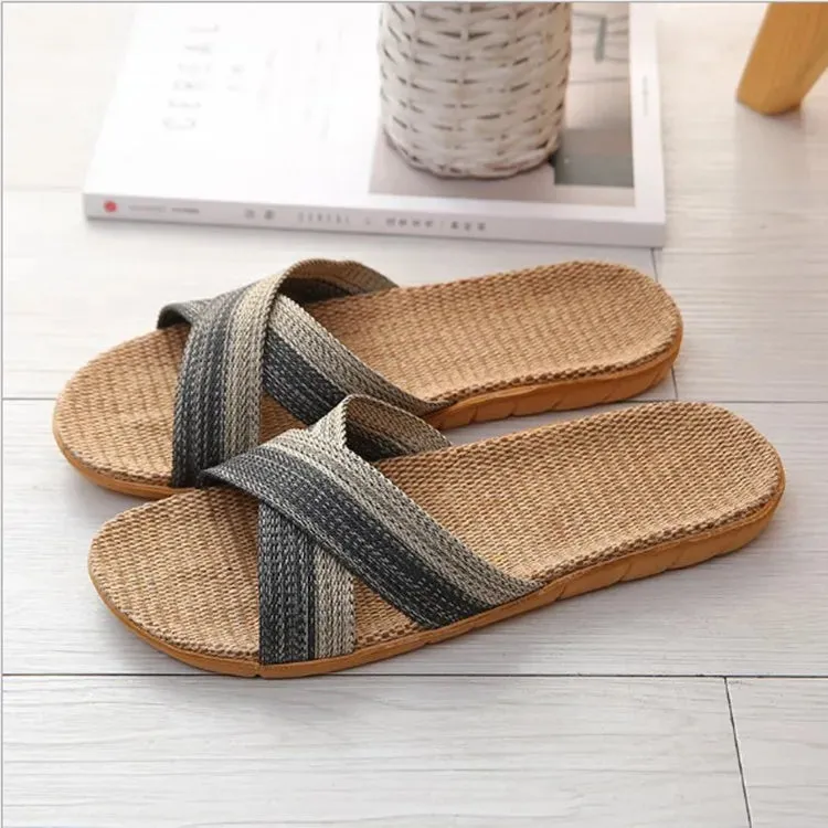 Men Slippers Linen Home Indoor Open Toe Flat Shoe Beach Slippers Striped Spliced Rubber Sandals - MSL50256