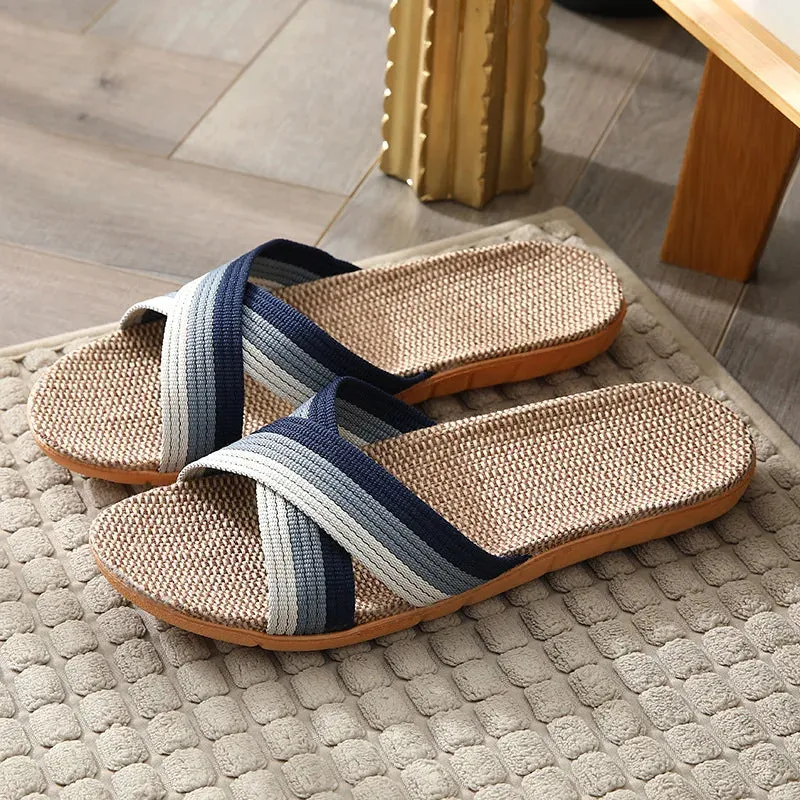 Men Slippers Linen Home Indoor Open Toe Flat Shoe Beach Slippers Striped Spliced Rubber Sandals - MSL50256