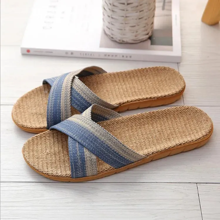 Men Slippers Linen Home Indoor Open Toe Flat Shoe Beach Slippers Striped Spliced Rubber Sandals - MSL50256