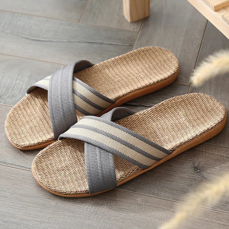 Men Slippers Linen Home Indoor Open Toe Flat Shoe Beach Slippers Striped Spliced Rubber Sandals - MSL50256