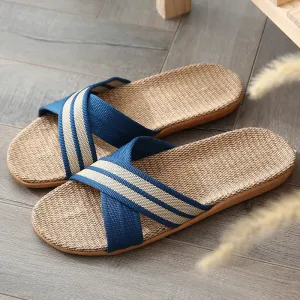 Men Slippers Linen Home Indoor Open Toe Flat Shoe Beach Slippers Striped Spliced Rubber Sandals - MSL50256