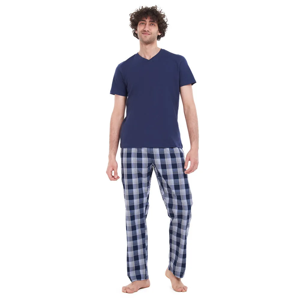 Men summer pajama set Dark Blue T-shirt   Dark blue checkered pants