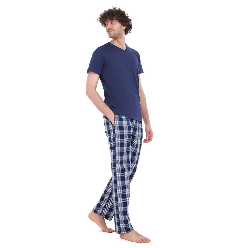 Men summer pajama set Dark Blue T-shirt   Dark blue checkered pants