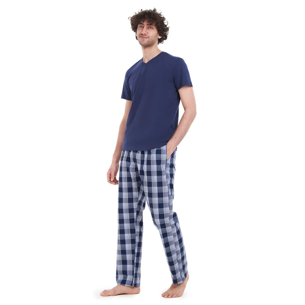 Men summer pajama set Dark Blue T-shirt   Dark blue checkered pants