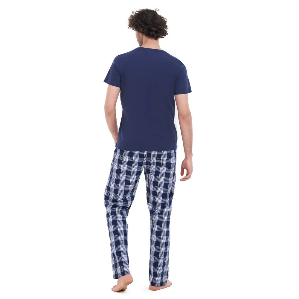 Men summer pajama set Dark Blue T-shirt   Dark blue checkered pants