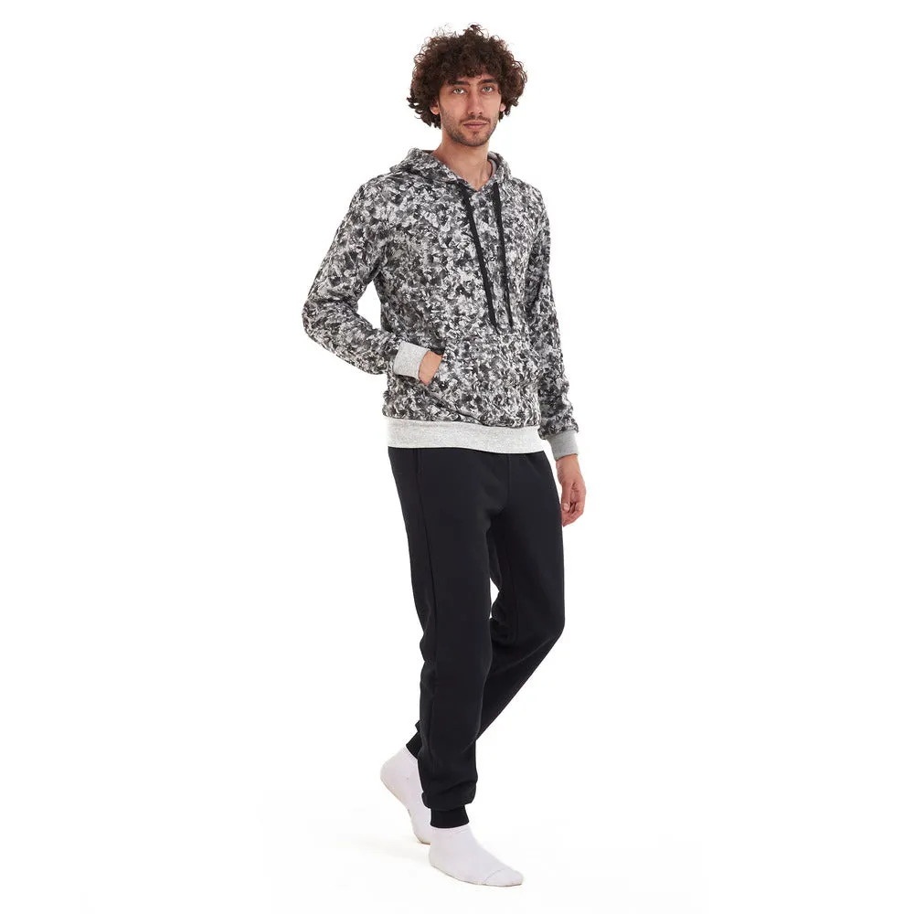 Men Winter Pajama Set Black Abstract Sweatshirt   Black Pants