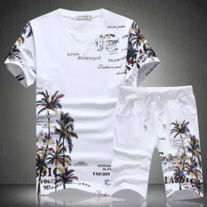 Men's Short-sleeved Printed Suit - Fashionable Two-piece Set with T-shirt and Shorts for Leisure and Sports