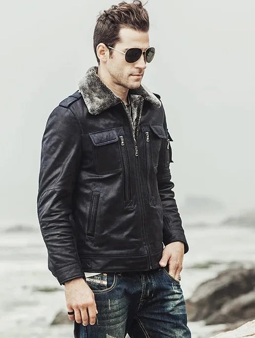 Mens Winter Black Snuff Shearling Leather Jacket