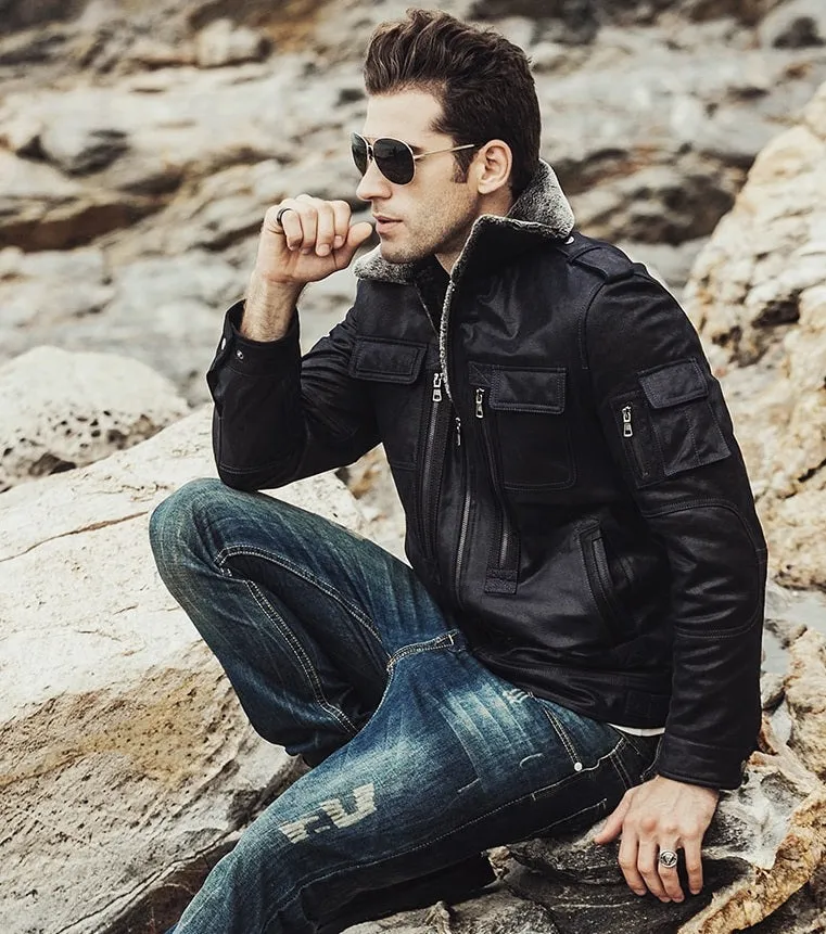 Mens Winter Black Snuff Shearling Leather Jacket