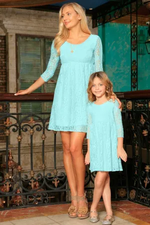 Mint Lace Empire Waist Three-Quarter Sleeve Mother Daughter Dress