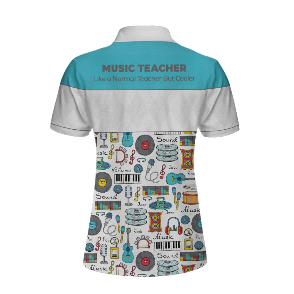 Music Teacher Short Sleeve Women Polo Shirt, White And Blue Music Pattern Shirt For Women, Gift For Music Teachers Coolspod