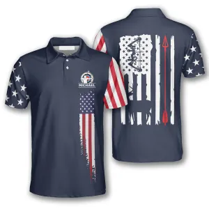 Navy American Flag Custom Archery Shirts for Men, Archery Flag American Polo Shirt, Uniform for Archery Player