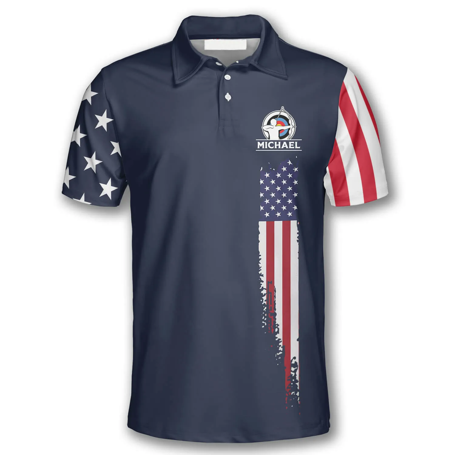 Navy American Flag Custom Archery Shirts for Men, Archery Flag American Polo Shirt, Uniform for Archery Player