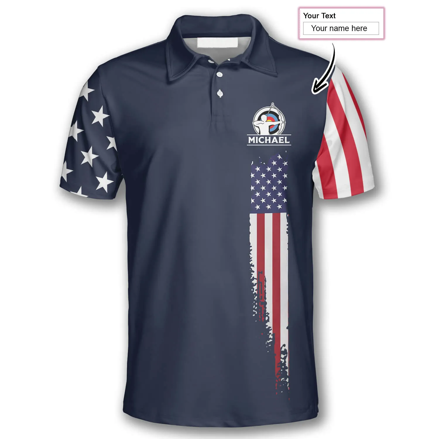 Navy American Flag Custom Archery Shirts for Men, Archery Flag American Polo Shirt, Uniform for Archery Player