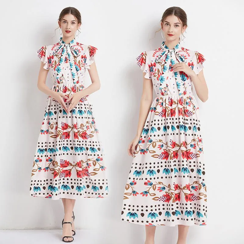 Retro Tie-Up Print A-Line Design Collar Flutter Sleeves Dress