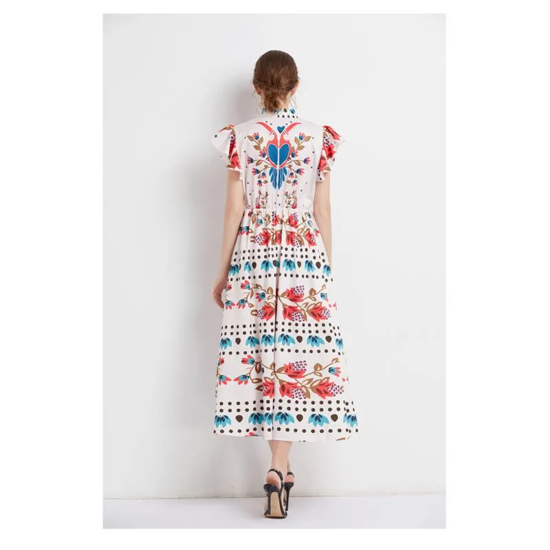 Retro Tie-Up Print A-Line Design Collar Flutter Sleeves Dress