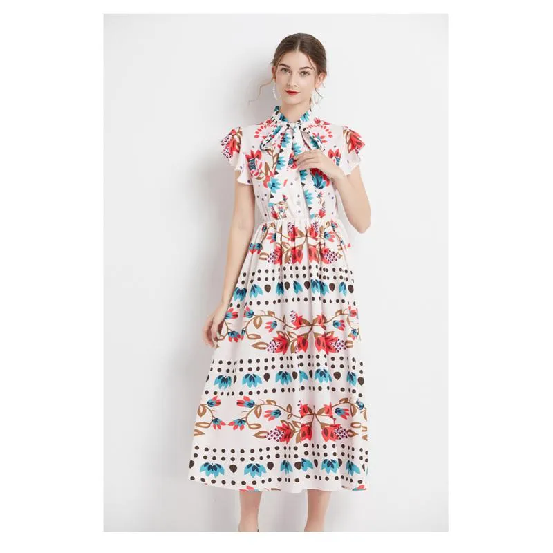 Retro Tie-Up Print A-Line Design Collar Flutter Sleeves Dress