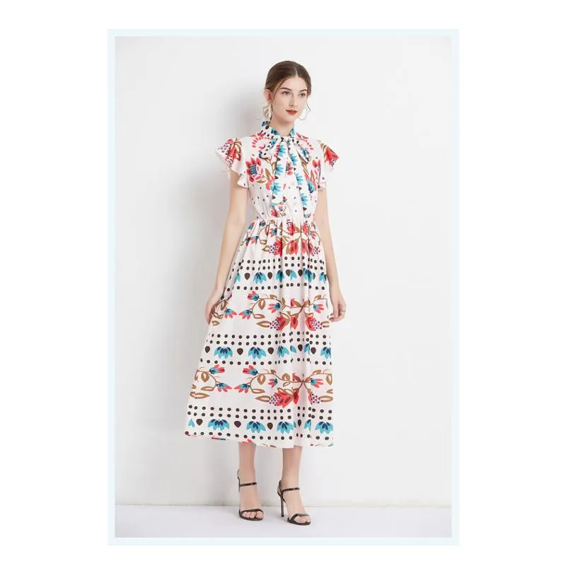 Retro Tie-Up Print A-Line Design Collar Flutter Sleeves Dress