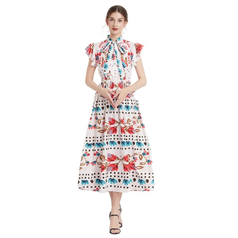 Retro Tie-Up Print A-Line Design Collar Flutter Sleeves Dress