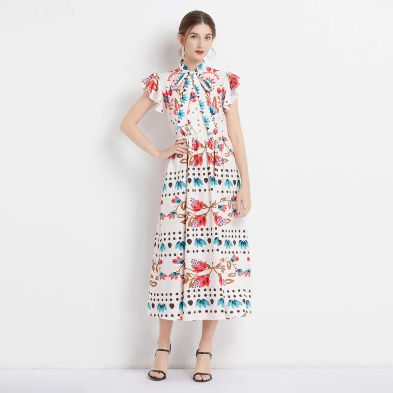 Retro Tie-Up Print A-Line Design Collar Flutter Sleeves Dress