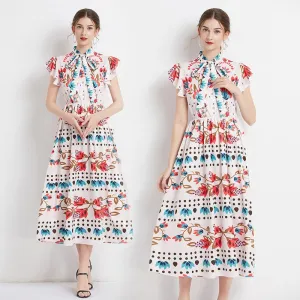 Retro Tie-Up Print A-Line Design Collar Flutter Sleeves Dress