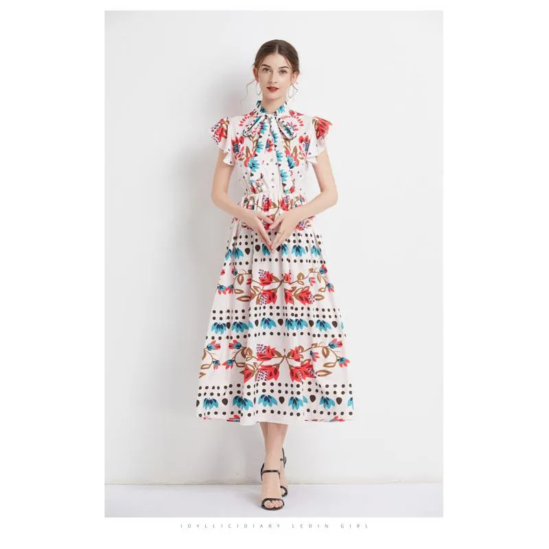 Retro Tie-Up Print A-Line Design Collar Flutter Sleeves Dress