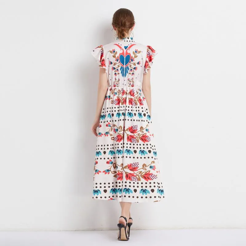 Retro Tie-Up Print A-Line Design Collar Flutter Sleeves Dress