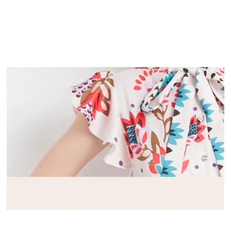 Retro Tie-Up Print A-Line Design Collar Flutter Sleeves Dress