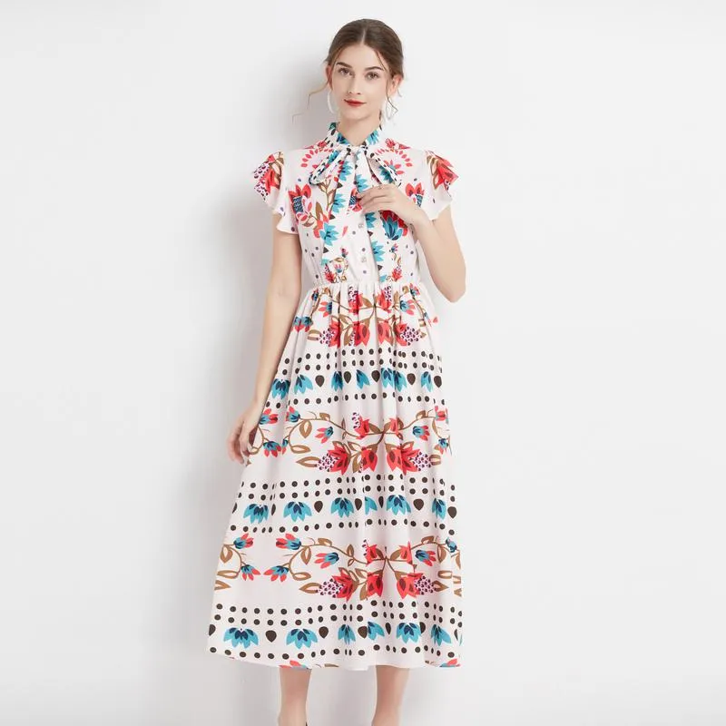 Retro Tie-Up Print A-Line Design Collar Flutter Sleeves Dress