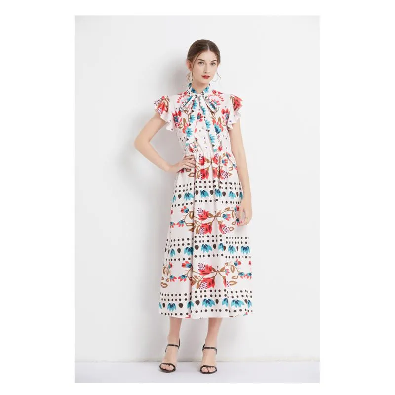 Retro Tie-Up Print A-Line Design Collar Flutter Sleeves Dress