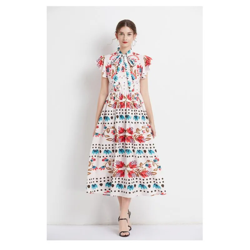 Retro Tie-Up Print A-Line Design Collar Flutter Sleeves Dress