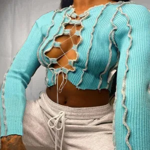 Ribbed Streetwear Hollow Out Gothic Sexy Cross Lace Up Crop Top Long Sleeve