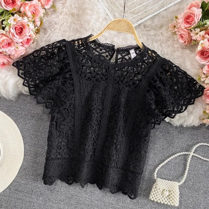 Solid Color Short Top Short Sleeve Round Neck Lace Shirt for Women    S3941