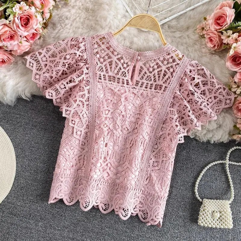 Solid Color Short Top Short Sleeve Round Neck Lace Shirt for Women    S3941