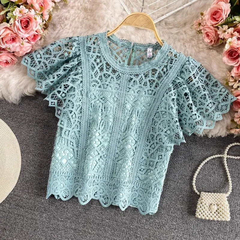 Solid Color Short Top Short Sleeve Round Neck Lace Shirt for Women    S3941