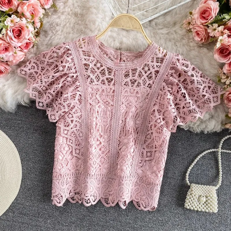 Solid Color Short Top Short Sleeve Round Neck Lace Shirt for Women    S3941