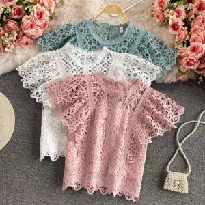 Solid Color Short Top Short Sleeve Round Neck Lace Shirt for Women    S3941