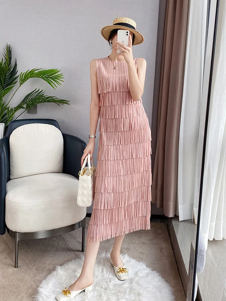 Spliced Tassel O-Neck Sleeveless Midi Dress