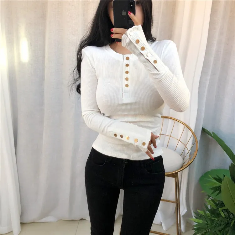 Spring Sexy Elastic Korean Style Skinny Slim Fit Long Sleeve Tops #2169