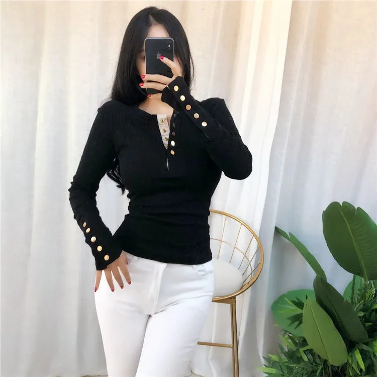 Spring Sexy Elastic Korean Style Skinny Slim Fit Long Sleeve Tops #2169