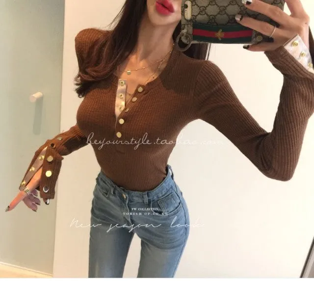 Spring Sexy Elastic Korean Style Skinny Slim Fit Long Sleeve Tops #2169