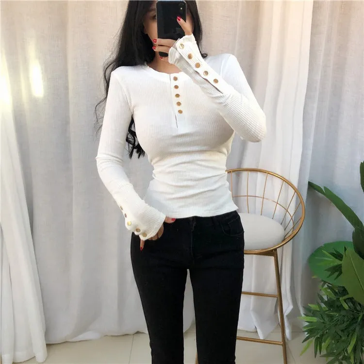 Spring Sexy Elastic Korean Style Skinny Slim Fit Long Sleeve Tops #2169