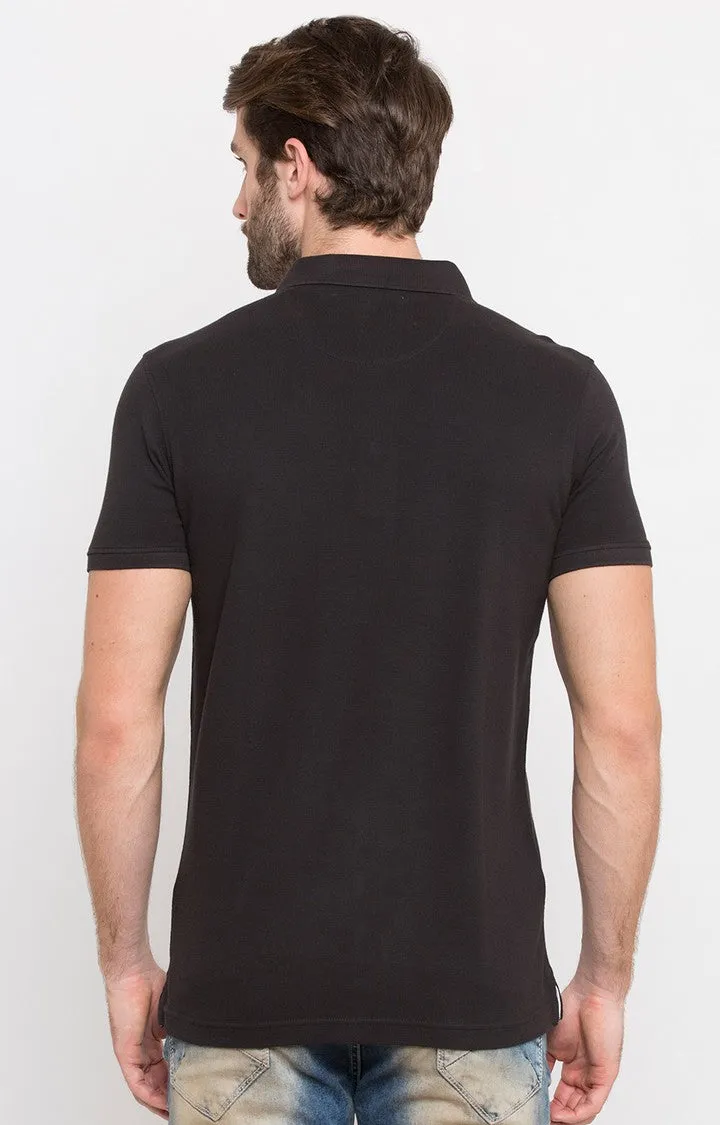 Spykar Jet Black Solid Slim Fit Polo T-Shirt