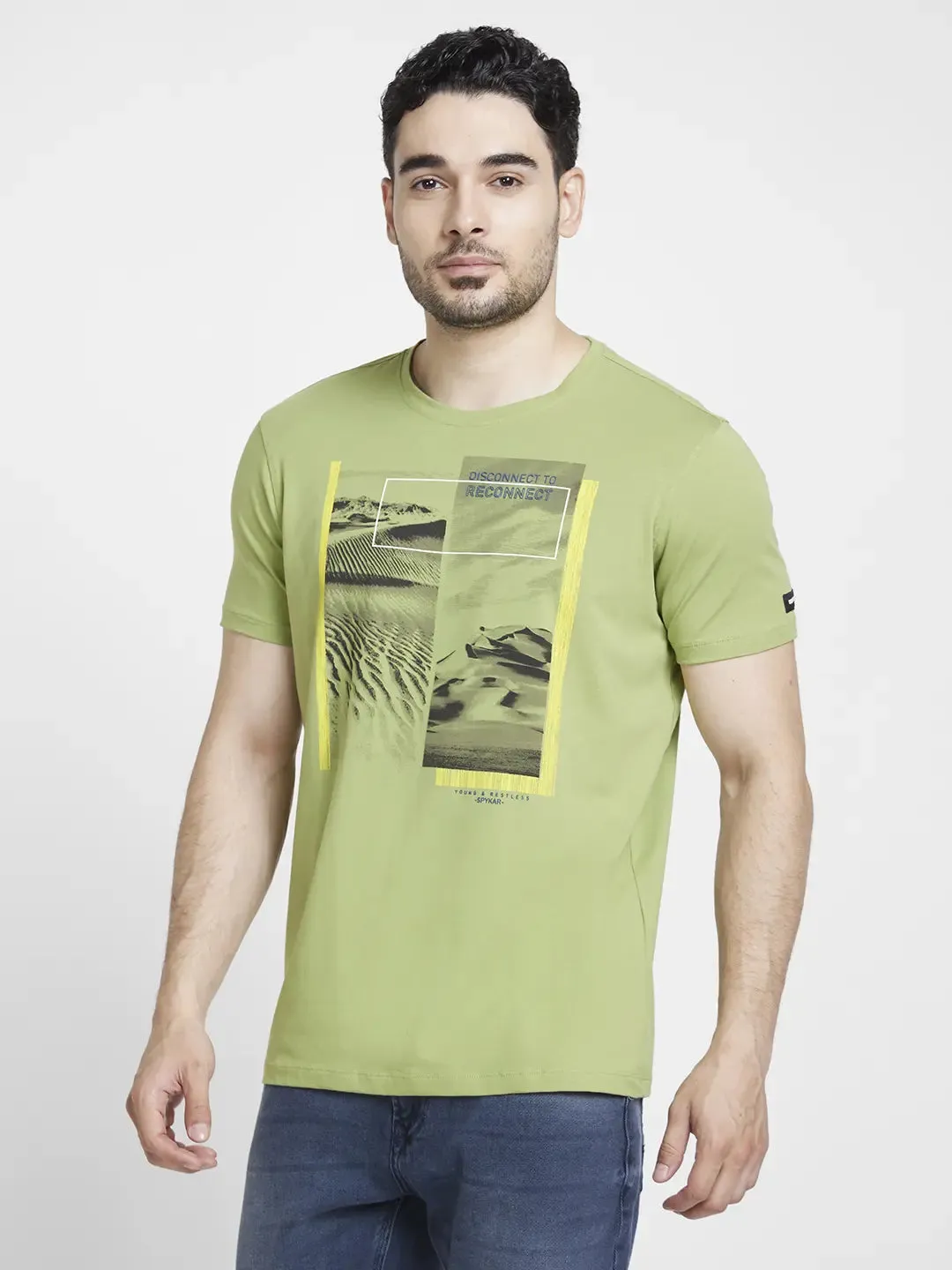 Spykar Men Dusty Pista Green Cotton Slim Fit Printed Round Neck Tshirt