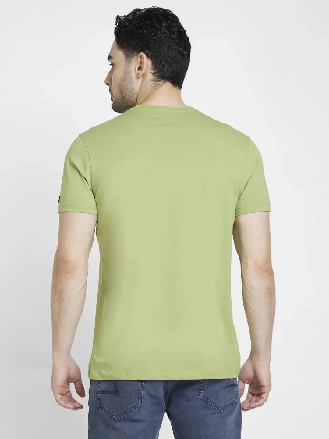 Spykar Men Dusty Pista Green Cotton Slim Fit Printed Round Neck Tshirt